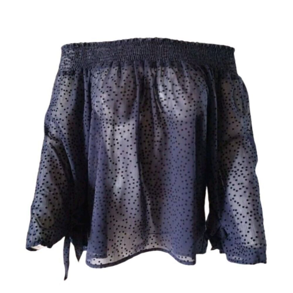 ZARA Basic Blouse Women XS Navy Polka‎ Dot Sheers Smocked off the shoulder Neck